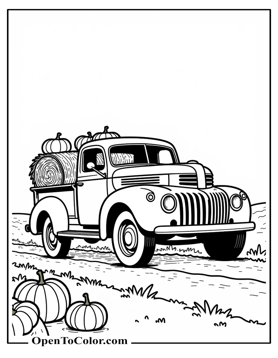 Free Coloring Page of a Vintage Pickup Truck Loaded with Hay Bales and Pumpkins on a Dirt Road