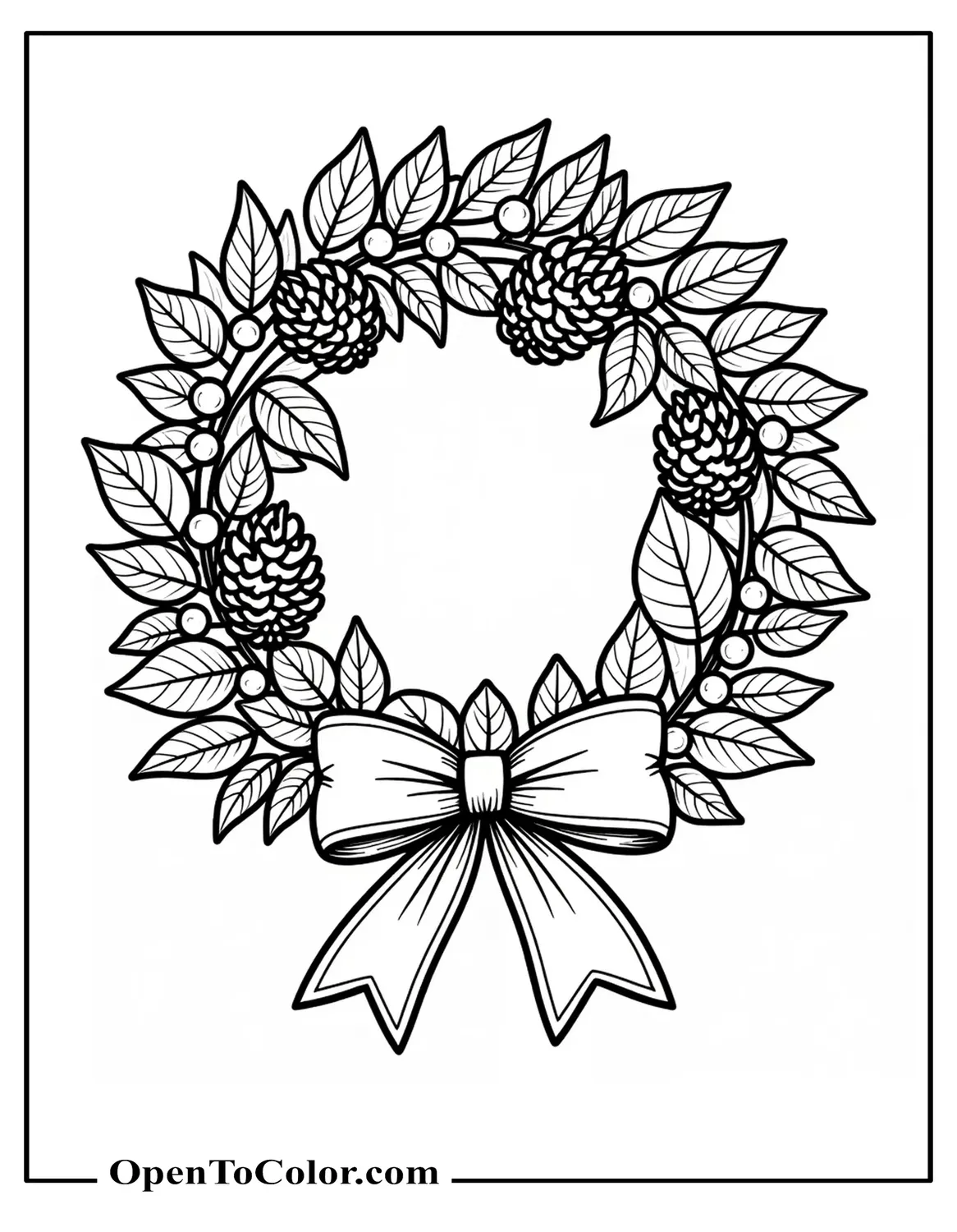 Free Coloring Sheet of a Circular Wreath of Leaves, Pinecones, and Berries Tied with a Rustic Bow