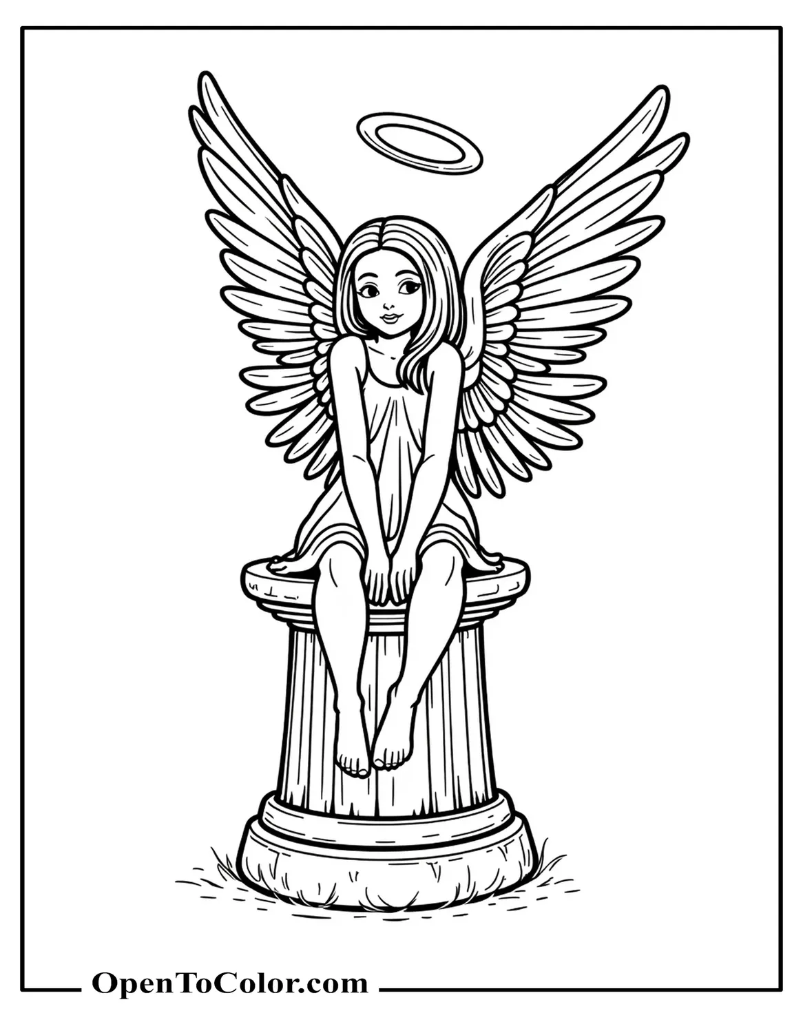 Fallen Angel Fairy With Broken Halo Sitting On A Stone Pedestal Coloring Page PDF
