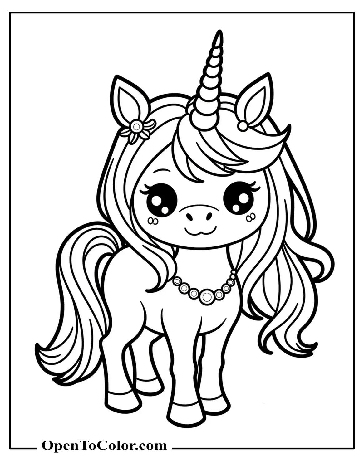 Free Coloring Page of Unicorn with Jewelry and Ribbons in Mane