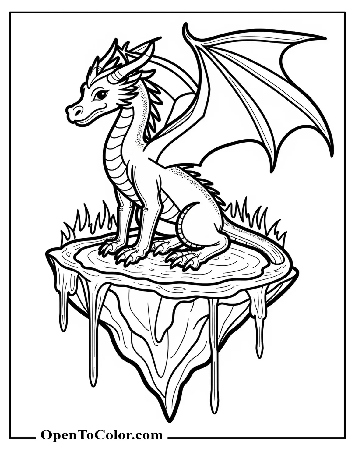 Fantasy dragon coloring page PDF perched on floating island with waterfalls