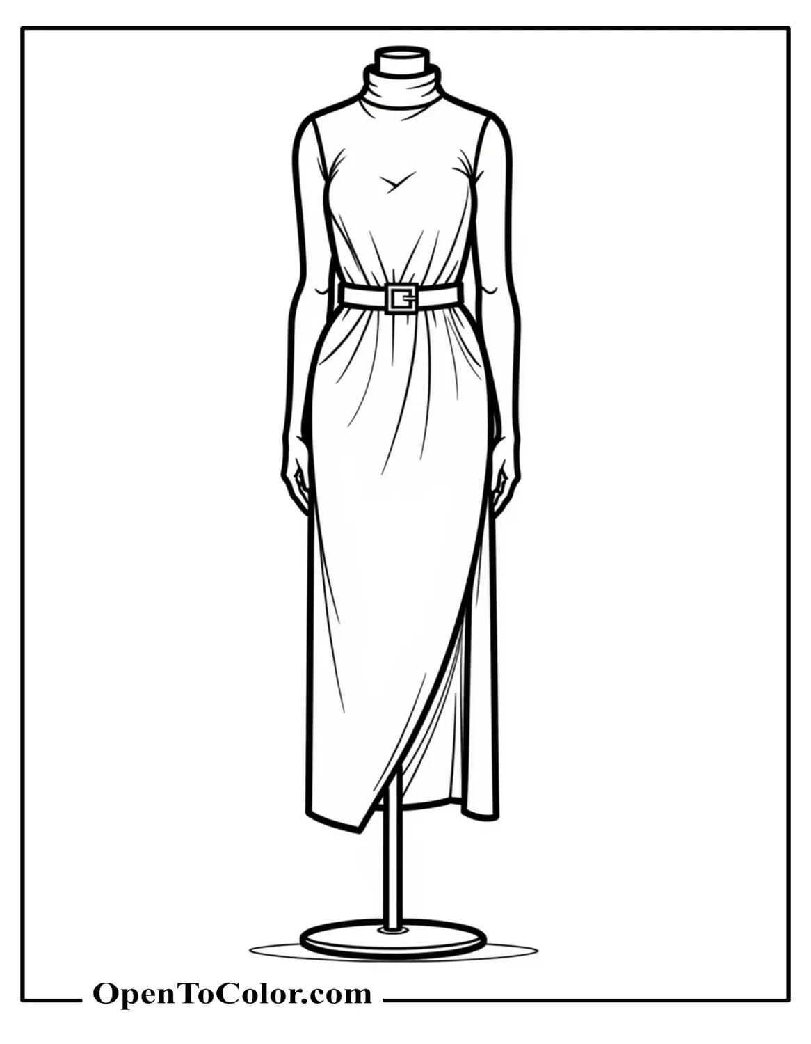 Free Coloring Page of Runway Fashion Dress with High Collar and Belt on Mannequin, Minimalist Sketch Style, Crisp Outlines