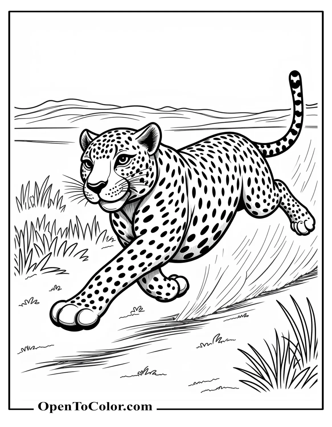 Printable Coloring Page of Fast Jaguar Sprinting Across a Savanna Kicking Up Dust Clouds