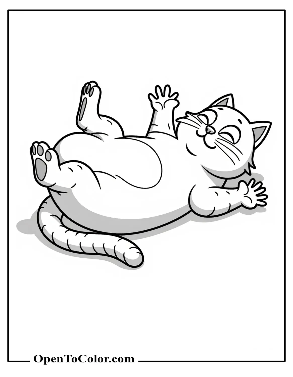 Free Coloring Sheet of a Fat Cat Lying on Its Back with Belly Exposed