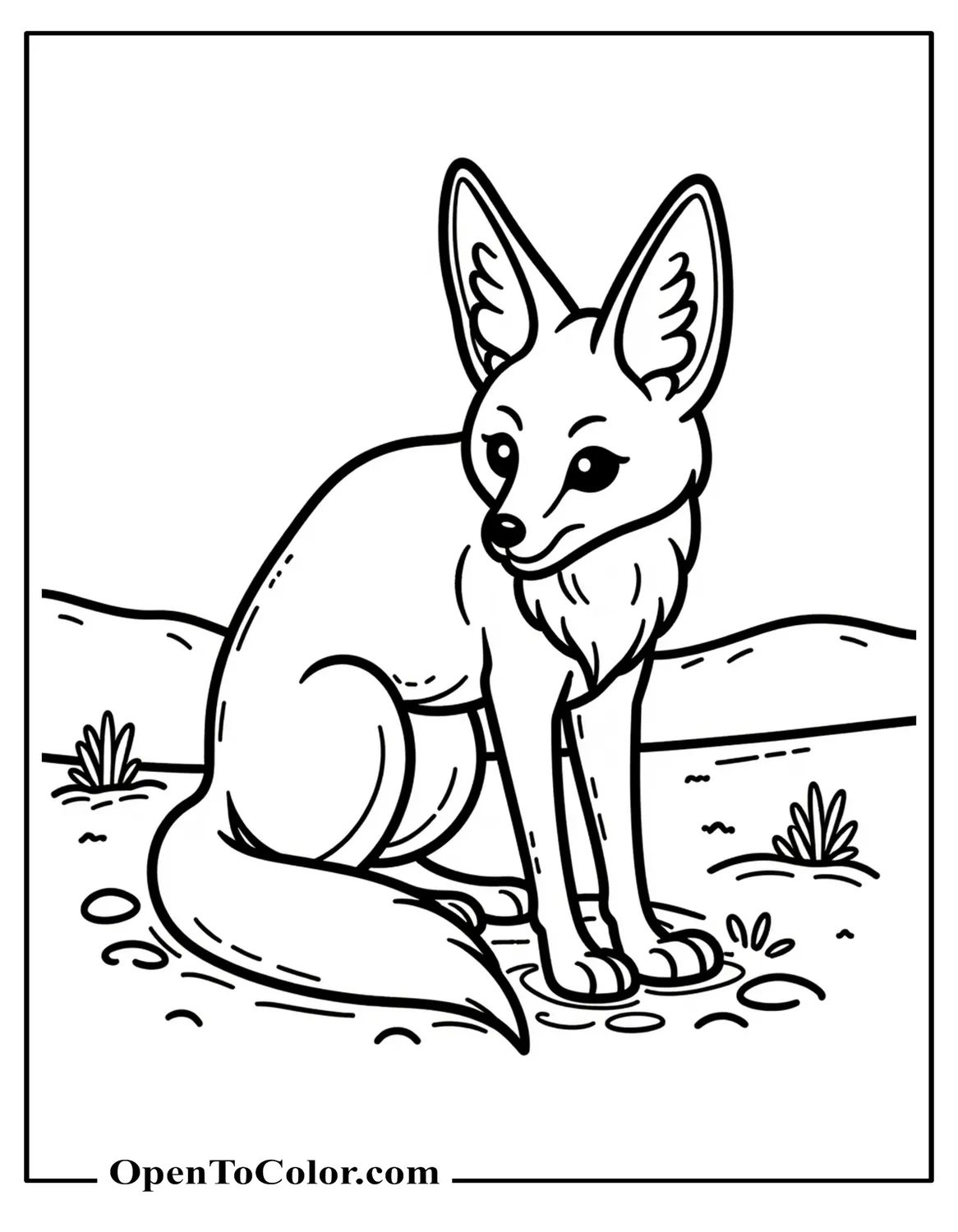 Free Coloring Page of a Fennec Fox Digging a Desert Burrow