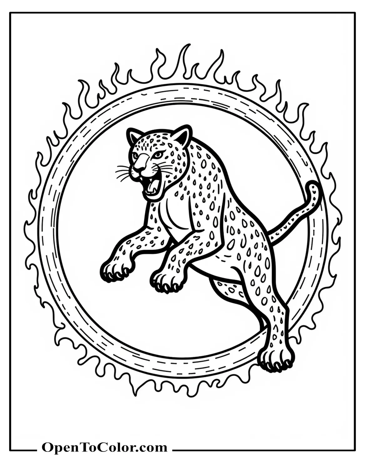 Fierce Jaguar Leaping Through A Flaming Hoop Coloring Sheet Printable