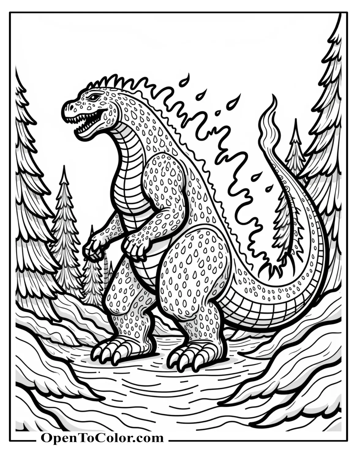 Fire Godzilla Wreathed In Flames Walking Through A Burning Pine Forest, Intense Scene, Free Coloring Sheet