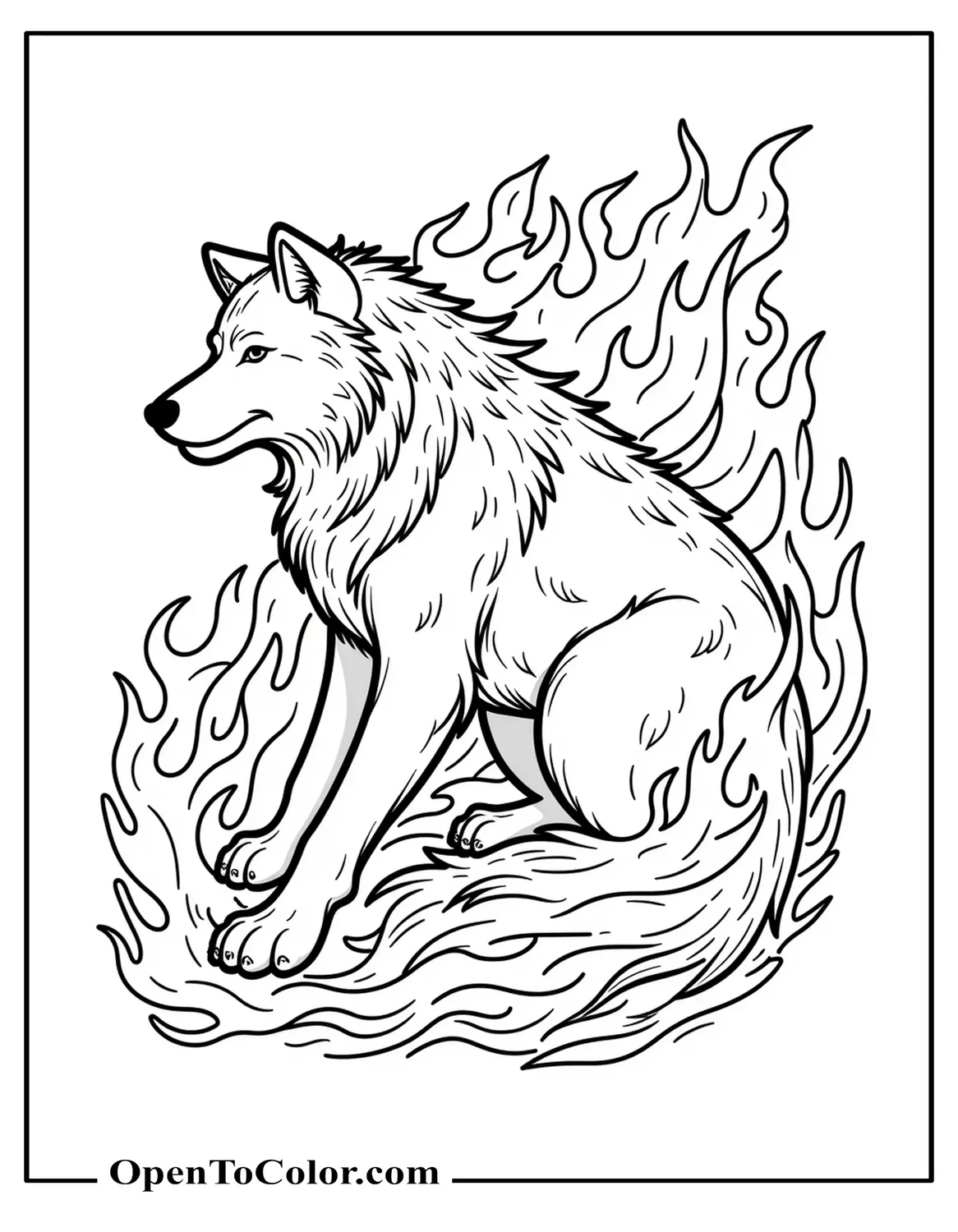 Free Coloring Page of Wolf Enveloped in Swirling Flames, Dynamic Pose, Fantasy