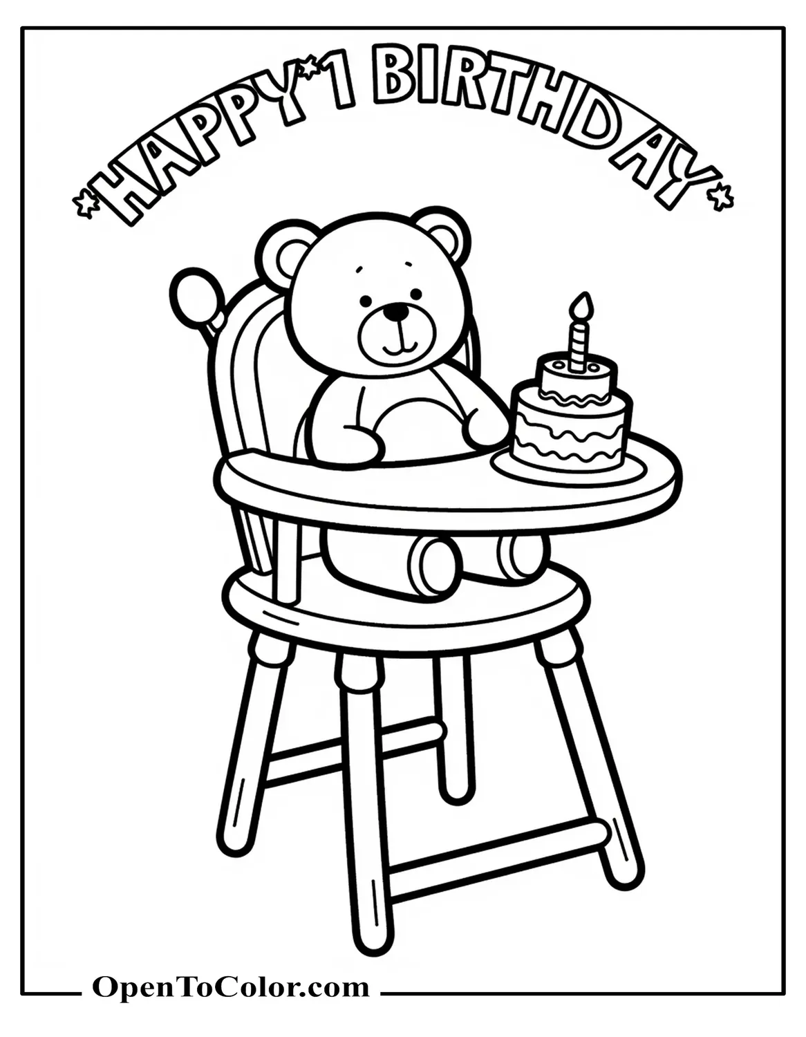High-chair with teddy bear and small cake, first-birthday banner, coloring page PDF.