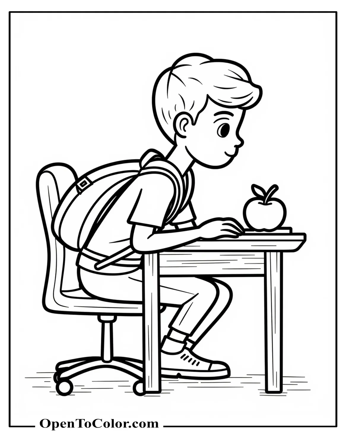 Free Coloring Page of Boy with a Backpack Leaning Against Student Desk, Apple on Tabletop
