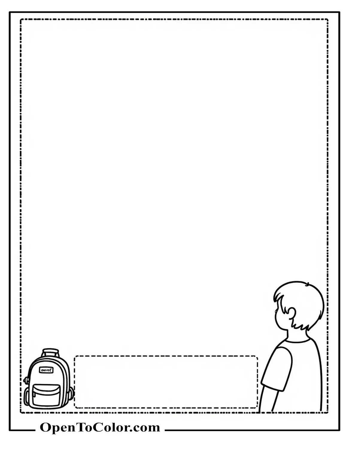 Coloring Page PDF: Printable sheet layout with dotted border, name field, backpack illustration in corner, clear outlines.