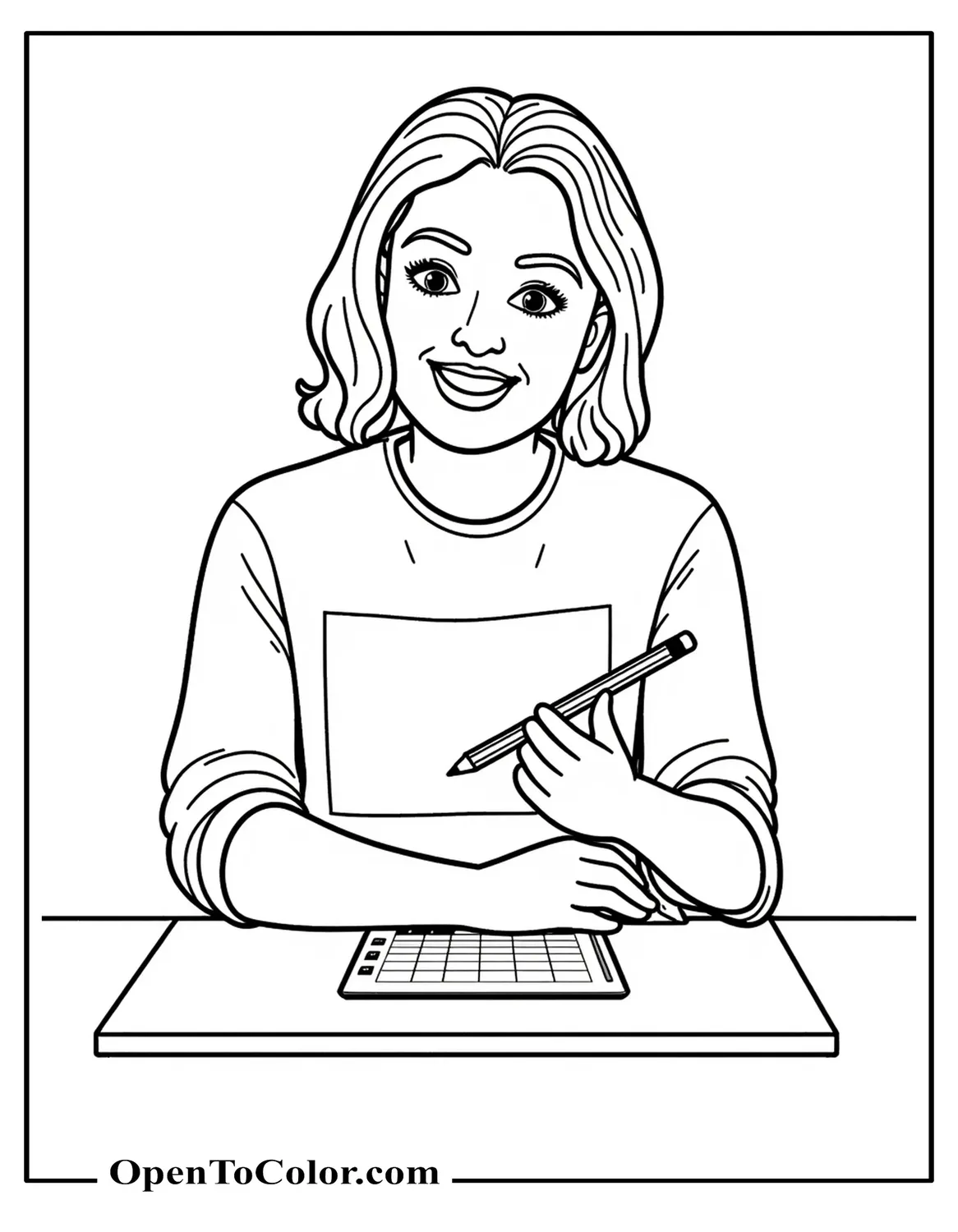 Teacher Sitting At A Table Holding A Pencil, With Calendar On The Table With The First Week Of School Marked, Printable Coloring Sheet