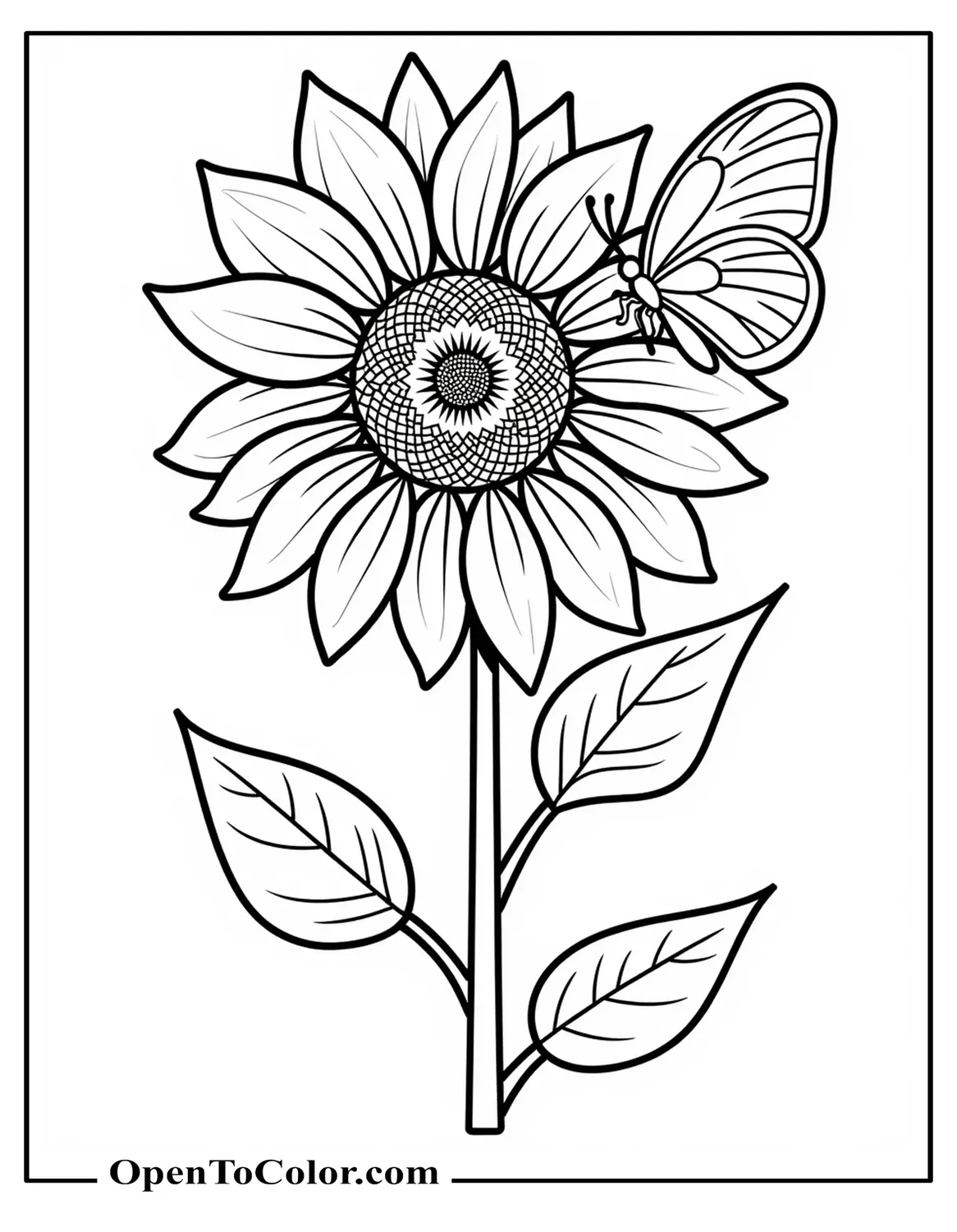 Large Sunflower With A Butterfly Perched On Its Outer Petal Coloring Sheet PDF