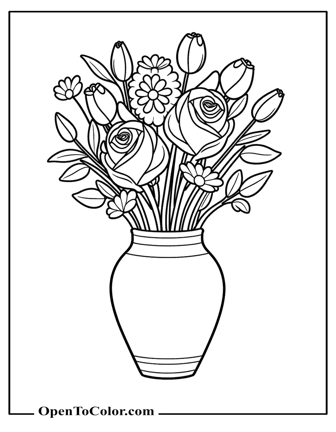 Printable Coloring Page of a Flower Vase with Roses, Tulips, and Daisies Arranged Together