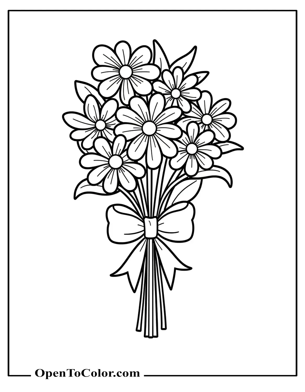 Cluster of mixed flowers tied with a bow coloring sheet PDF