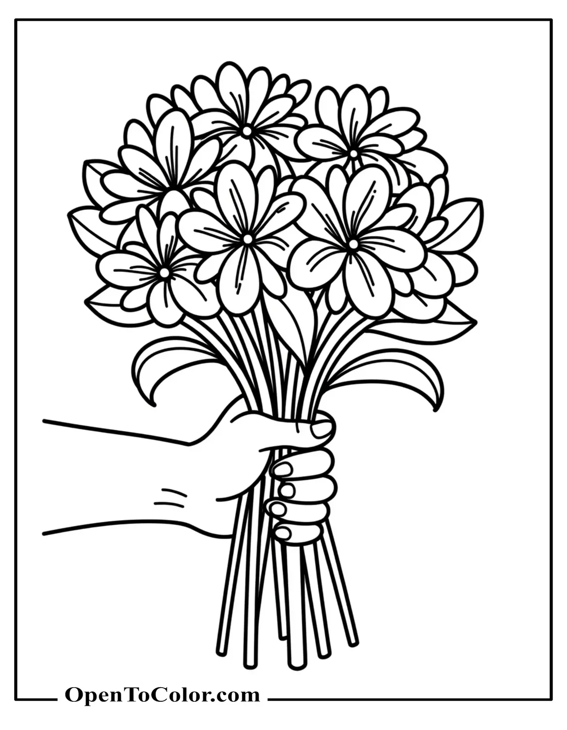 Hand holding a bouquet of mixed flowers coloring page printable