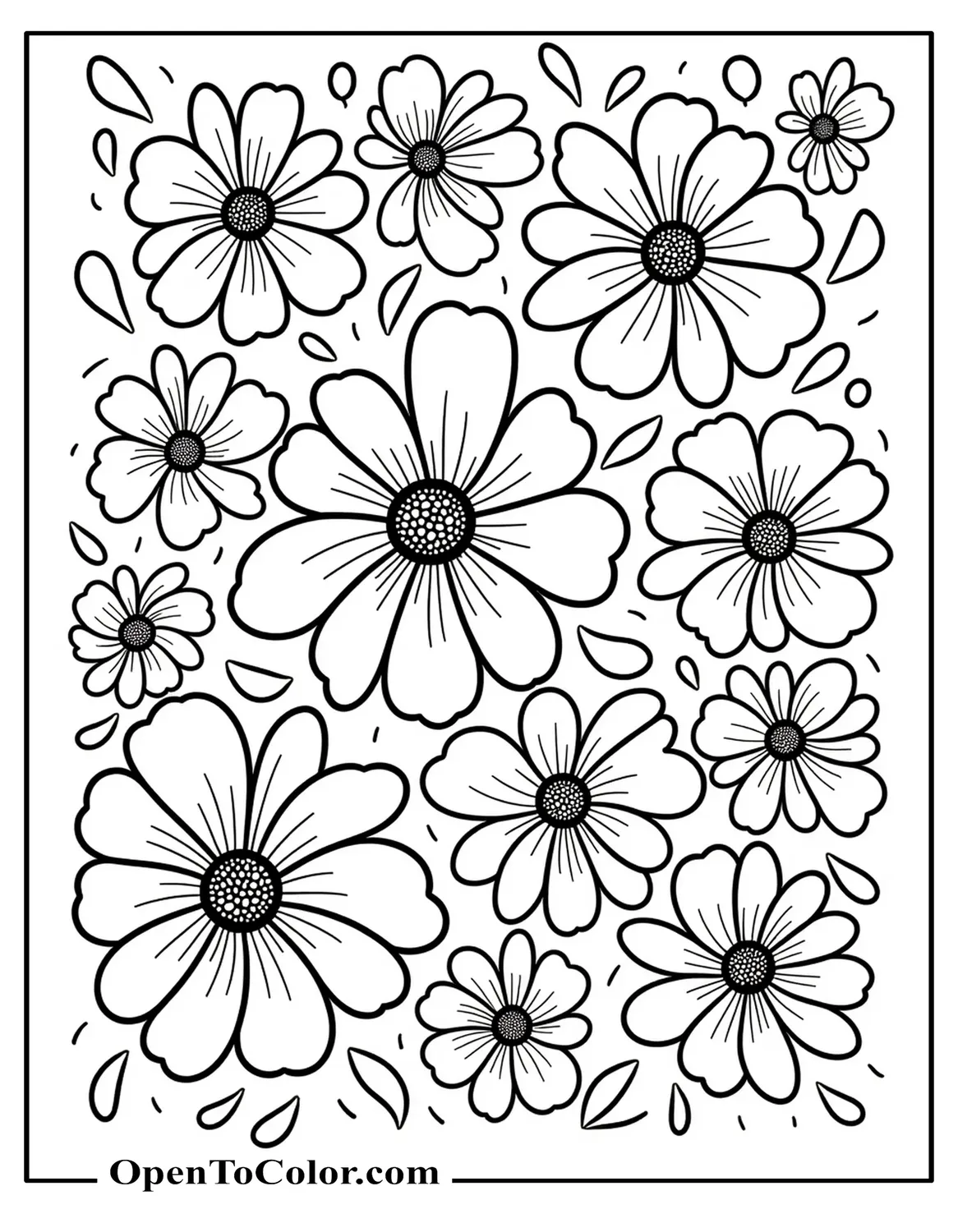 Free Coloring Page with Overlapping Flowers of Various Types in Random Layout