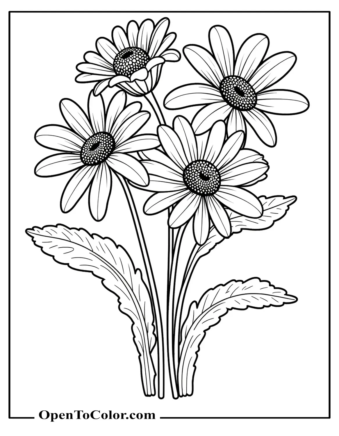 Floral arrangement coloring sheet with detailed petals and patterns, printable.