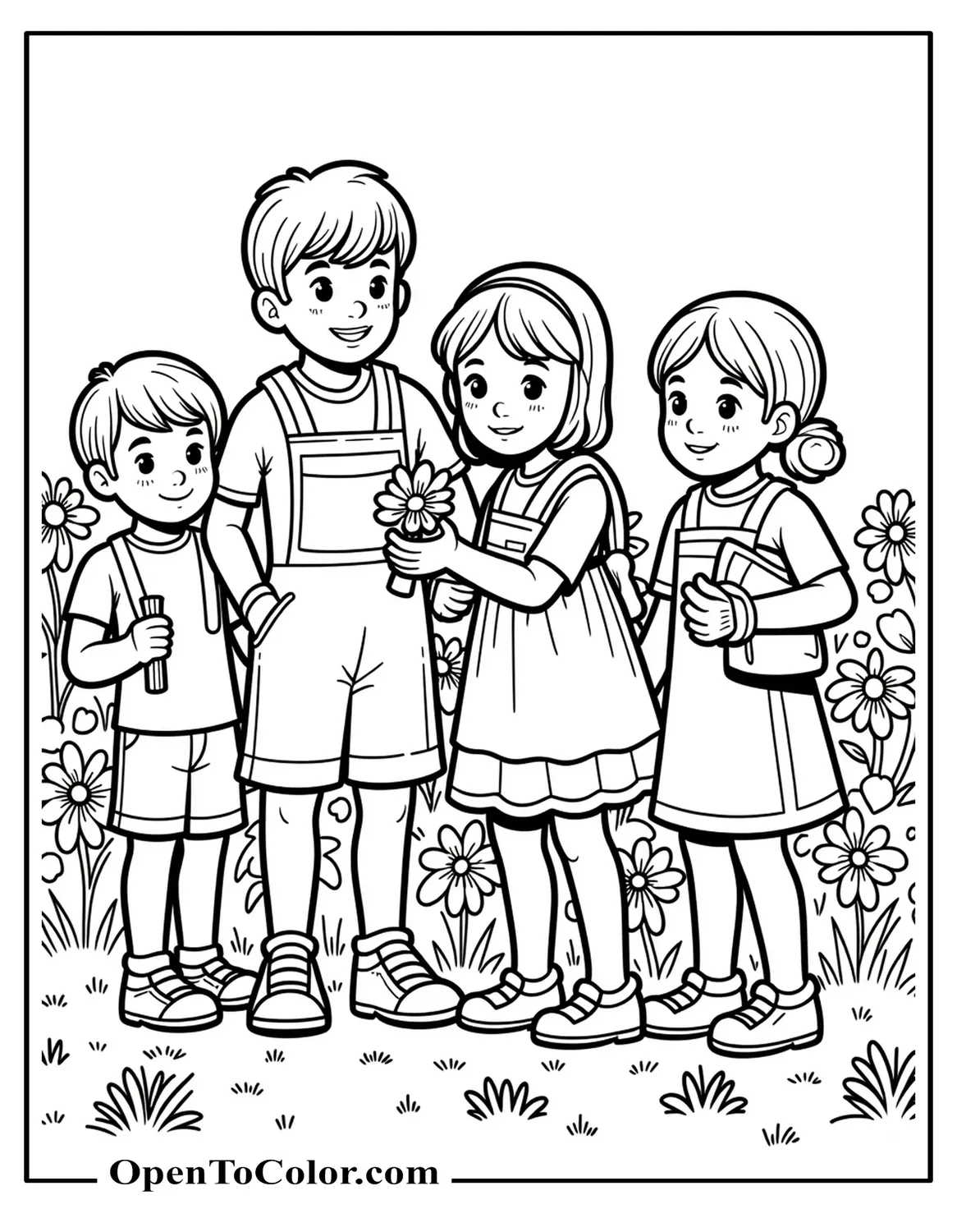 Free Coloring Page of a Group of Happy Children Picking Flowers in a Garden