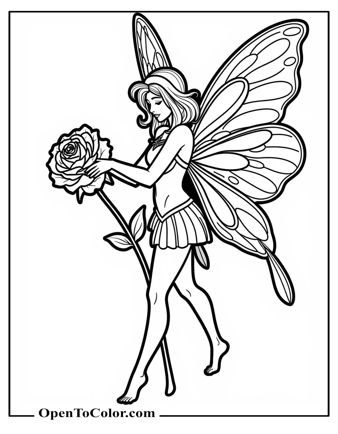 Printable Coloring Page of a Flower Fairy Emerging Gracefully from a Blooming Rose