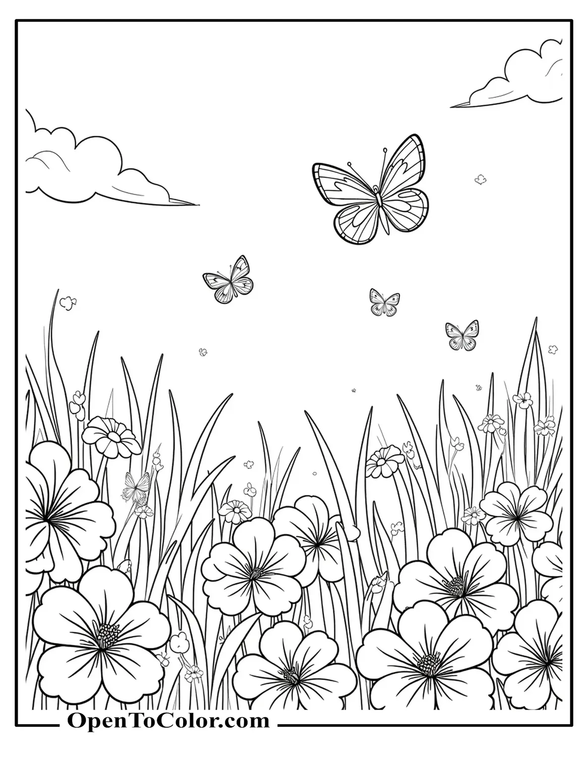 Coloring Sheet PDF of a Wide Open Field Full of Flowers and Butterflies