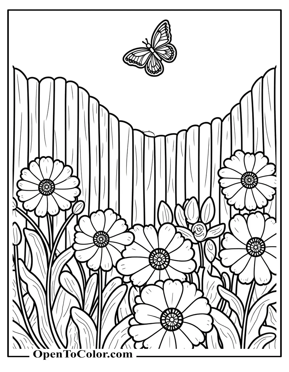 Printable Coloring Page of a Garden Full of Flowers with a Wooden Fence and Butterfly
