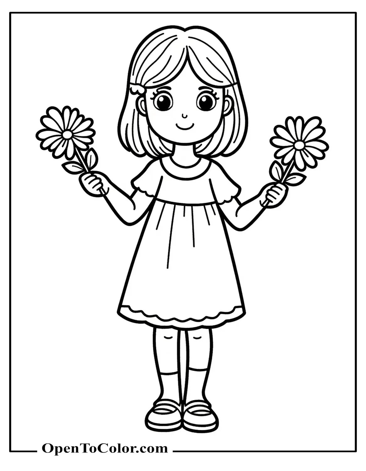 Free Coloring Sheet: Young Girl Holding a Flower in Each Hand