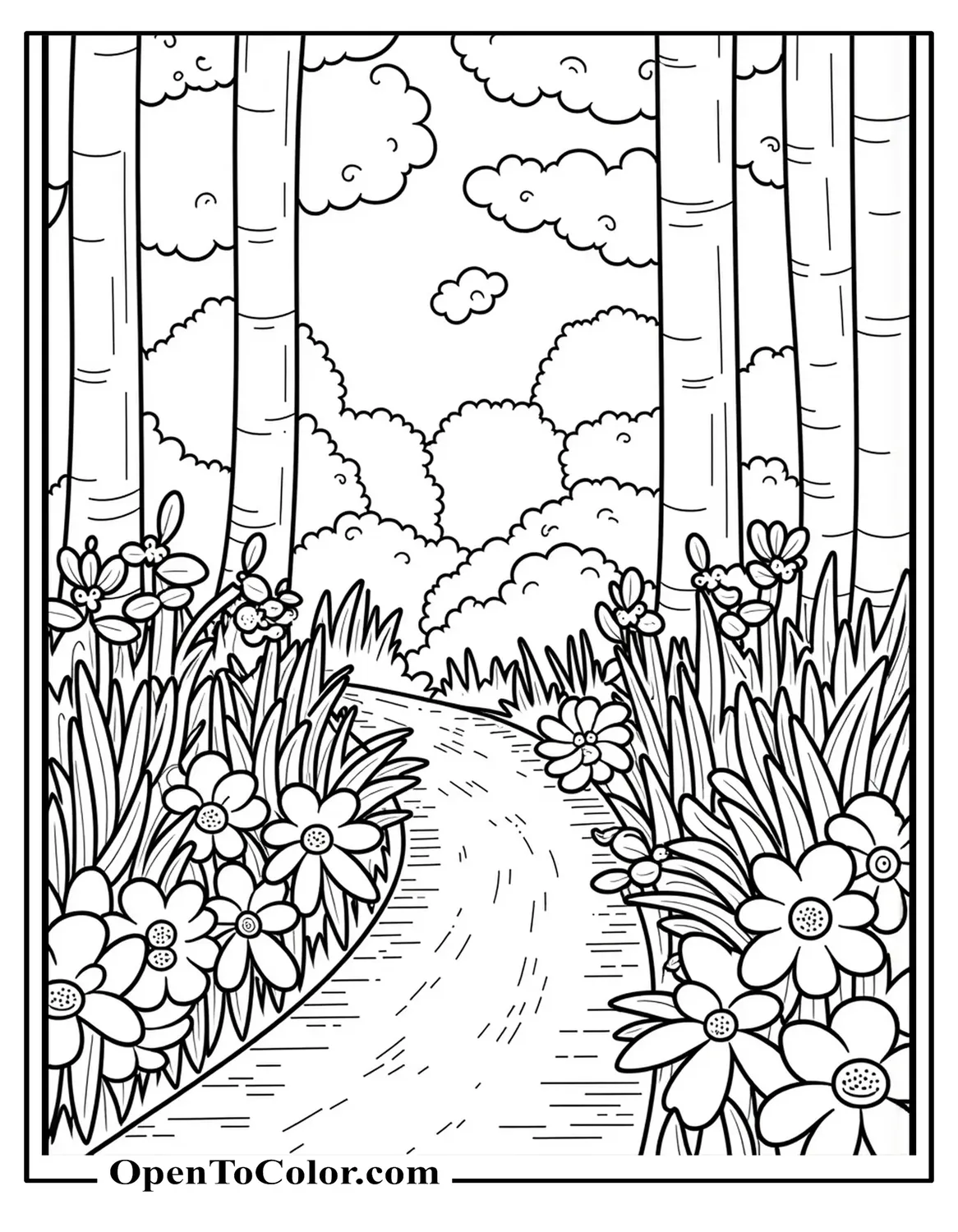 Flowers Growing Along A Winding Forest Trail Coloring Page PDF