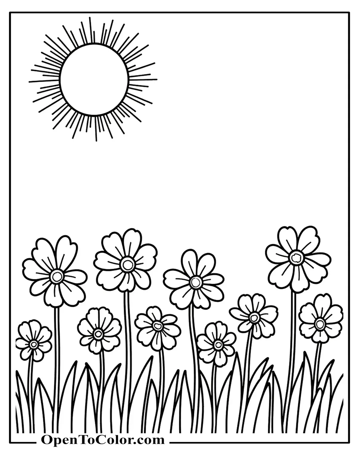 Row of Spring Flowers Under a Bright Sun Coloring Page Printable