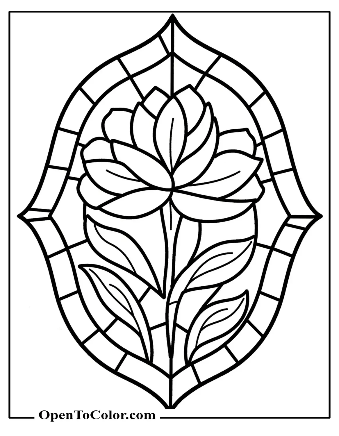 Flower pattern coloring page made of stained glass segments PDF.