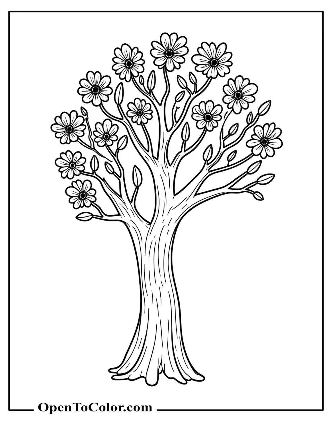 Tree With Flowers Blooming On Branches Coloring Page PDF