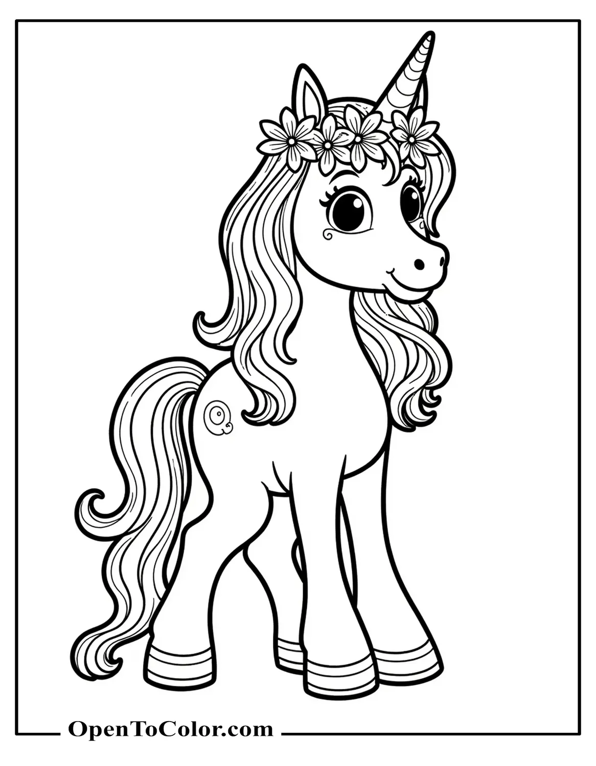 Printable Coloring Page of Unicorn with Flower Crown and Long Flowing Mane