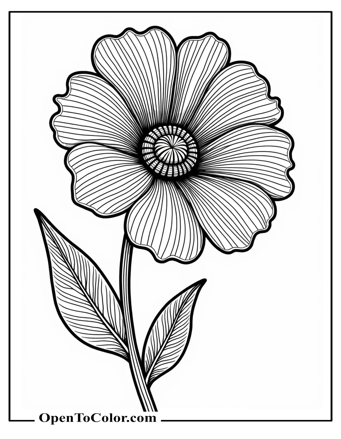 Zentangle-style flower with clear swirling interior patterns, printable coloring sheet.