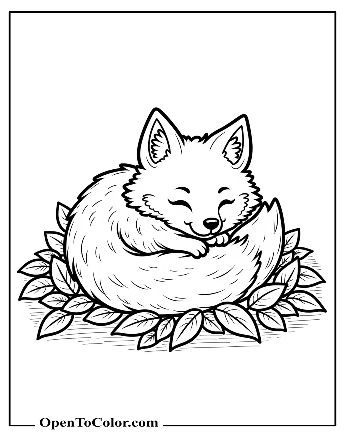 Printable Coloring Sheet of a Fluffy Fox Rolling in a Pile of Leaves