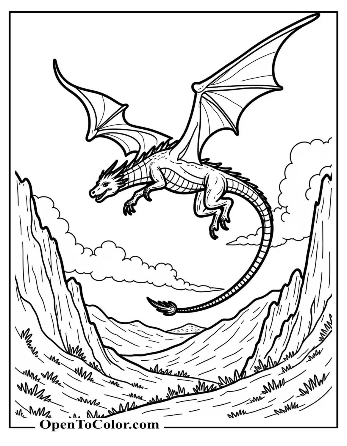 Free Coloring Page of Dragon Gliding Over Valley with Wide Outstretched Wings