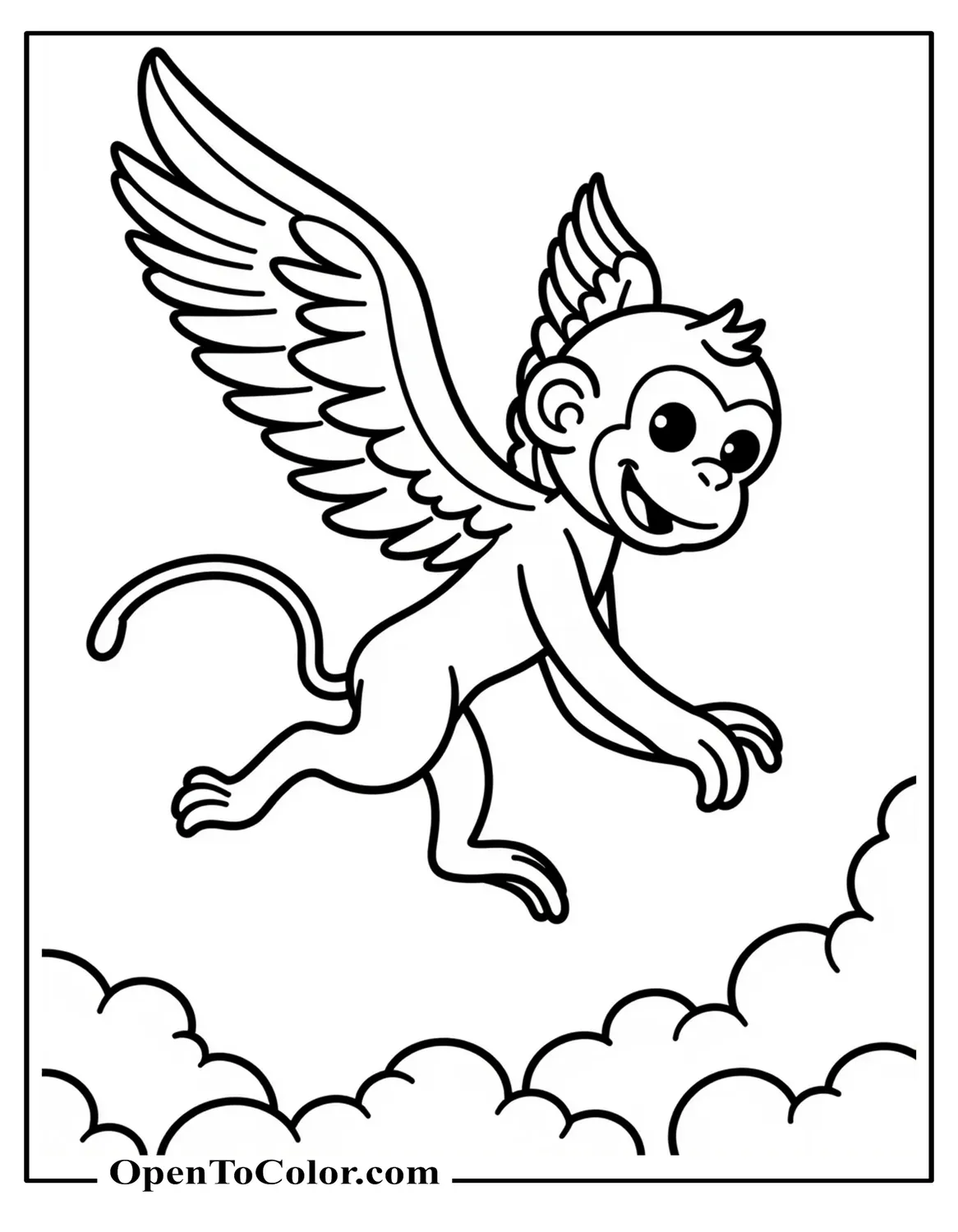 Flying Monkey With Feathered Wings Soaring Above Clouds Coloring Page PDF