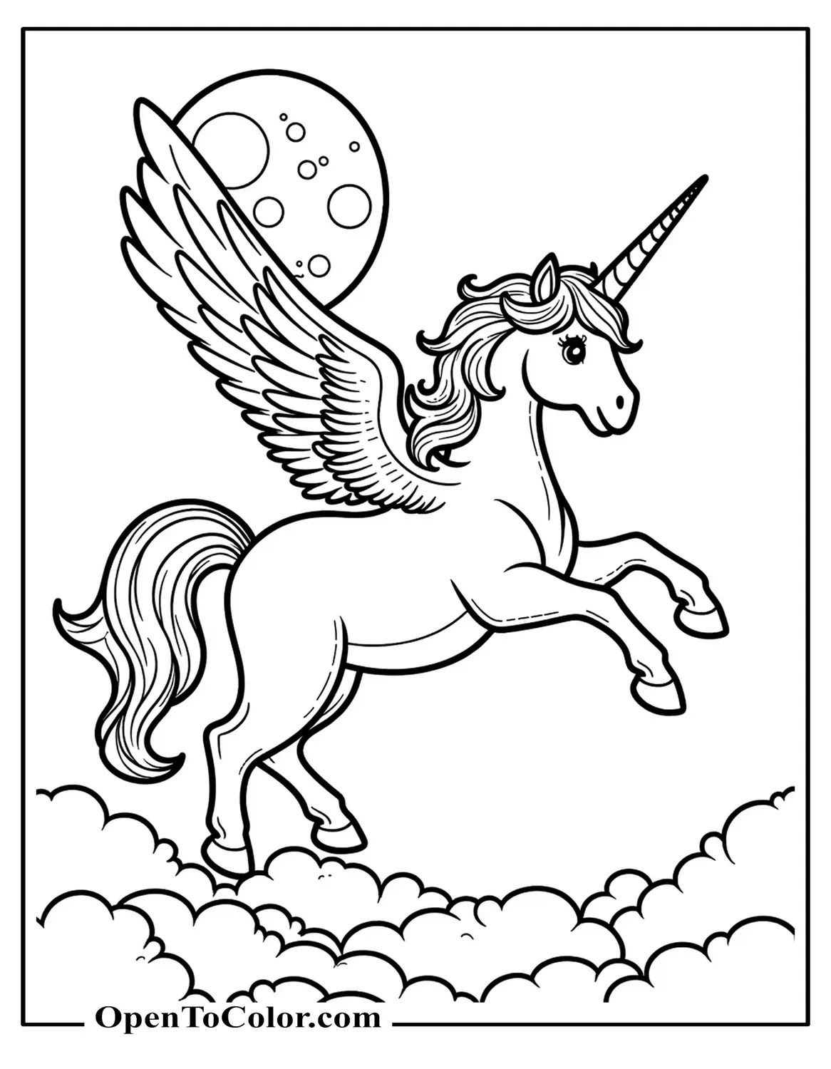 Printable coloring page of a detailed unicorn with wings flying above clouds with moon in sky