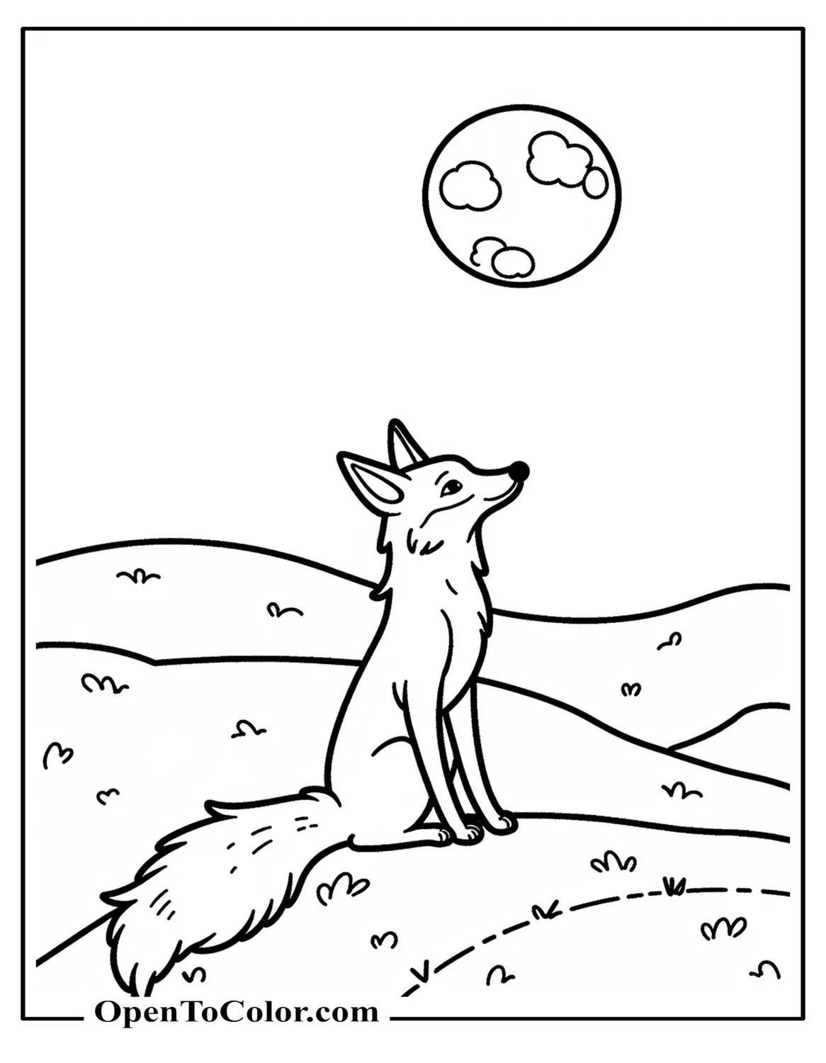 Fox sitting on a hill looking at a full moon coloring page PDF