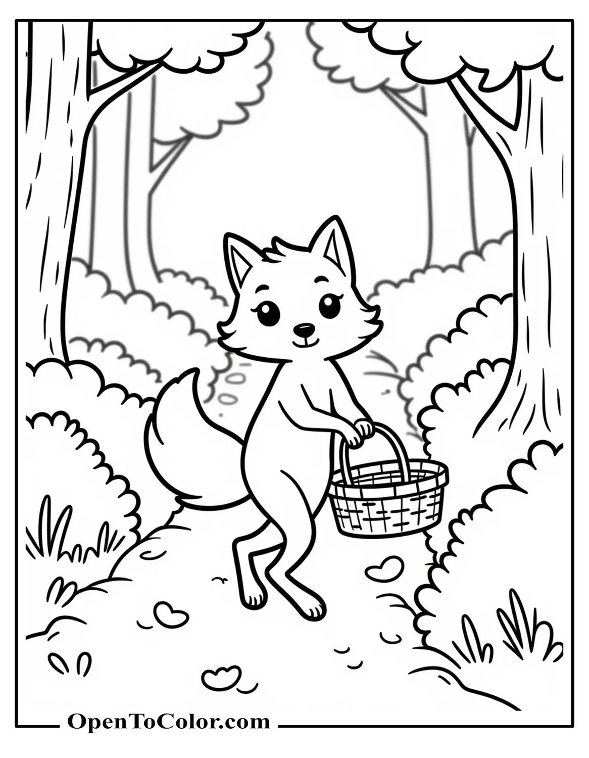 Free Coloring Page of a Fox Walking a Forest Path Carrying a Basket