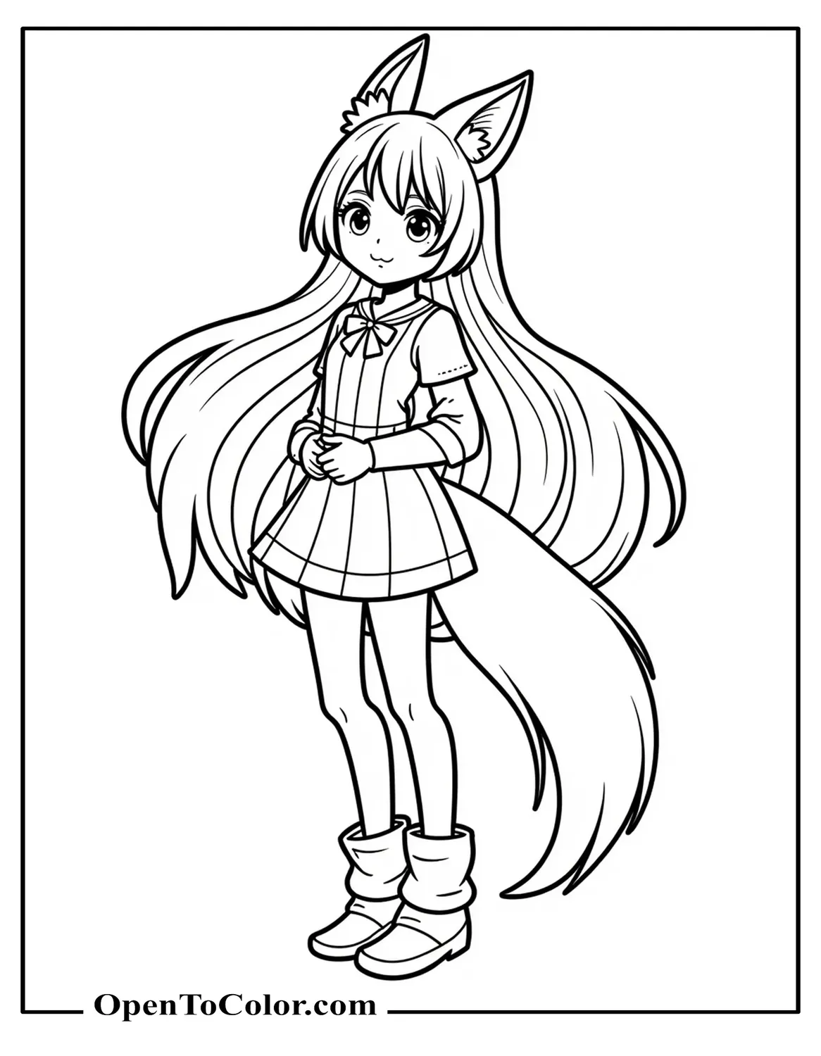 Anime Fox Girl With Flowing Hair And A Tail Coloring Sheet PDF