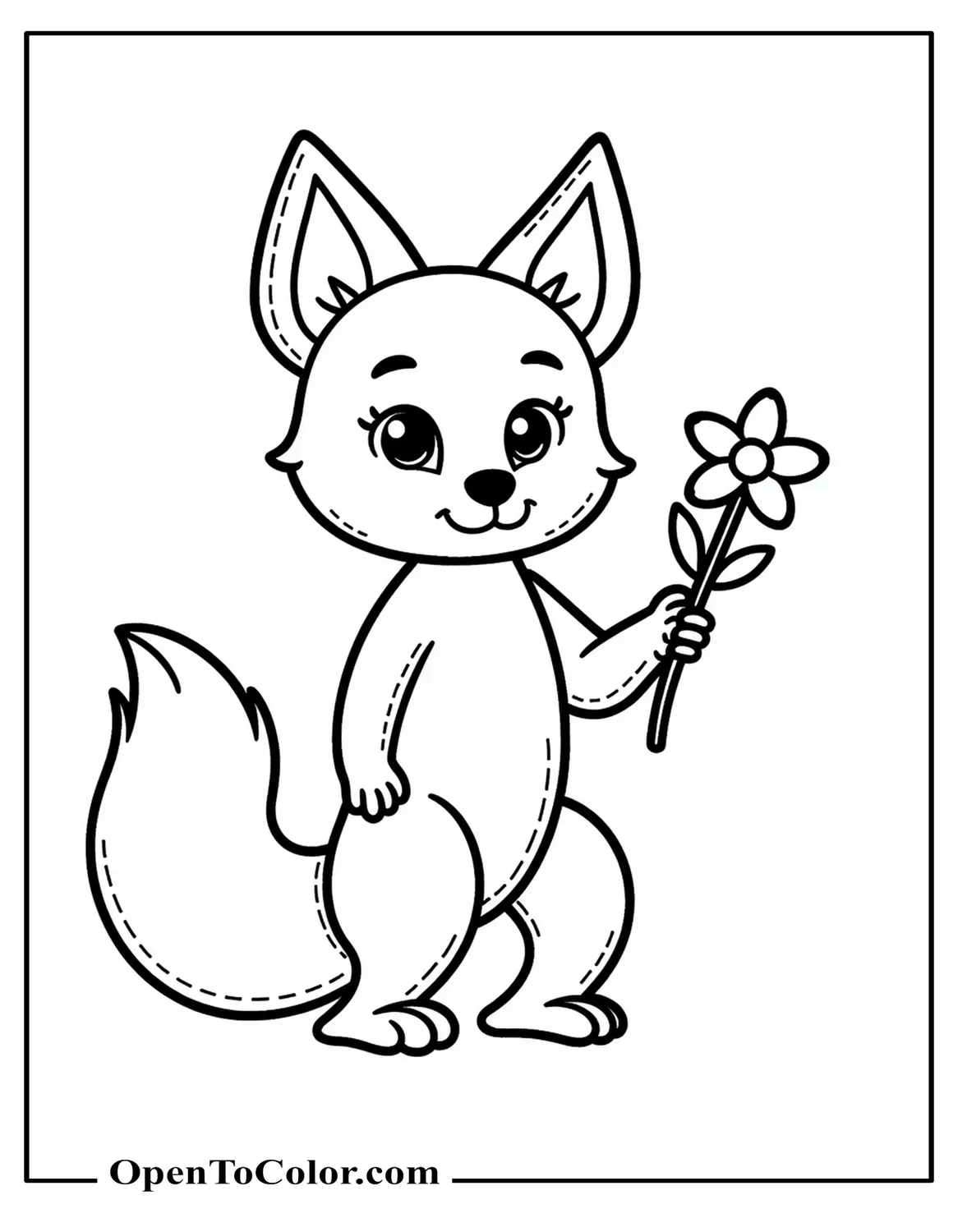 Printable Coloring Page of a Fox Holding a Single Flower in Its Paw