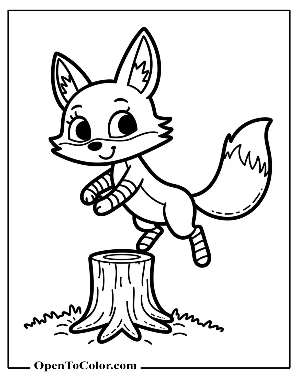 Printable coloring sheet of a fox wearing striped socks jumping over a tree stump