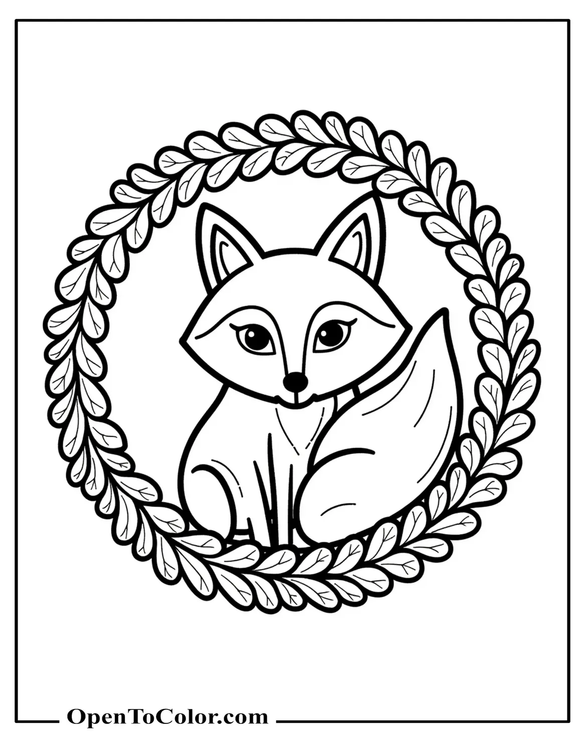 Printable Coloring Sheet of a Fox Inside a Circular Mandala of Leaves