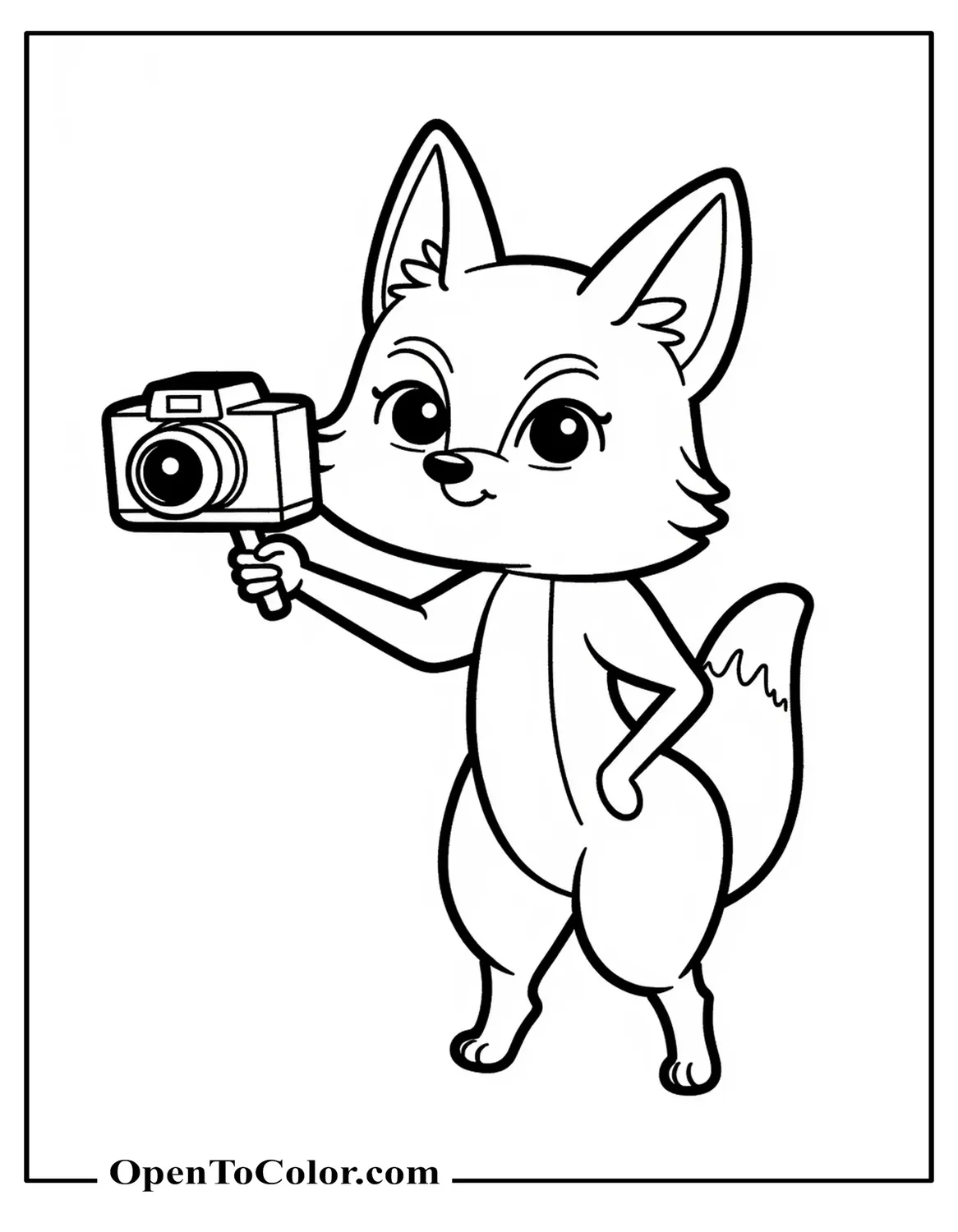 Fox Holding a Camera Taking Pictures Coloring Page PDF