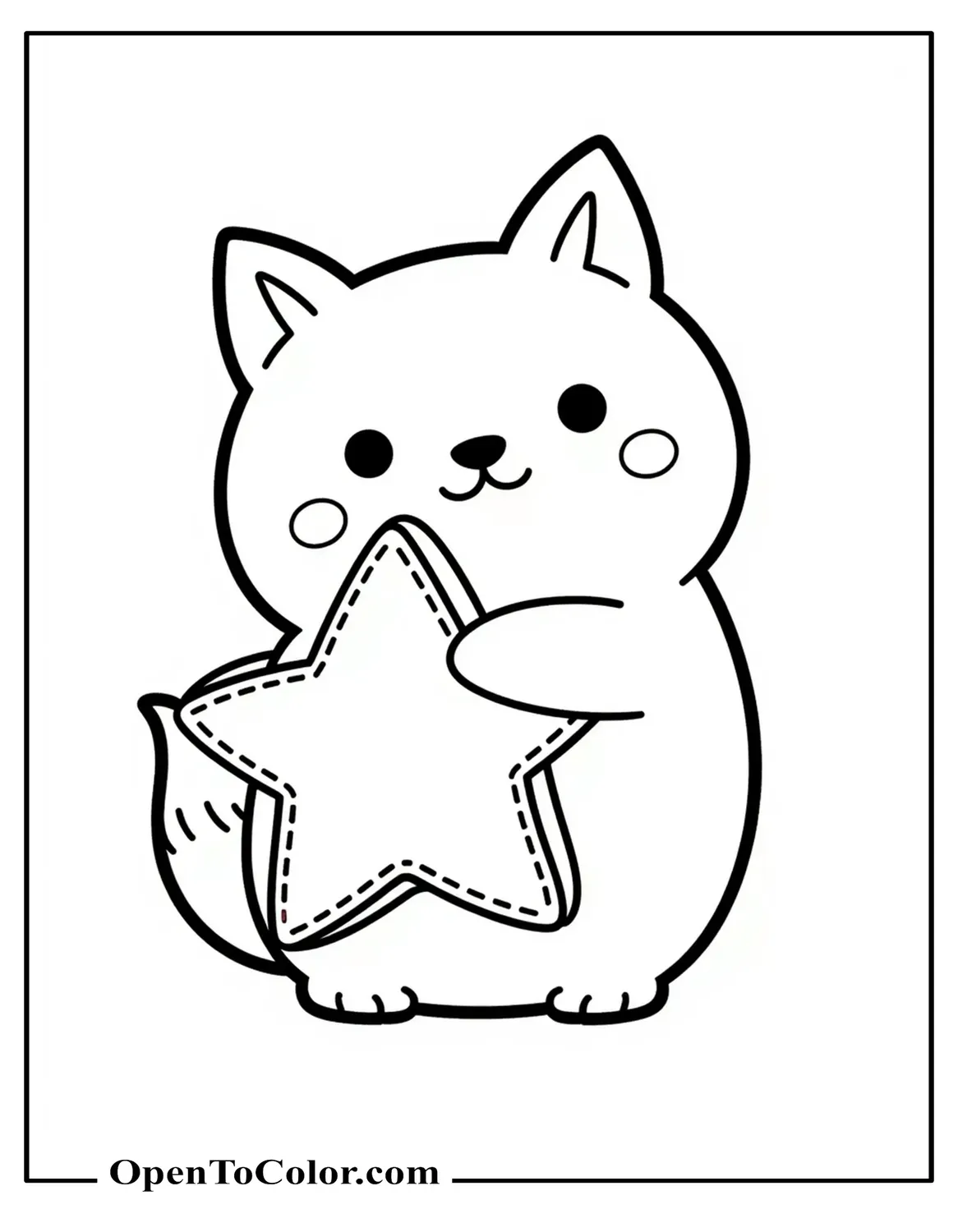 Free Coloring Page of a Squishmallow Plush Fox Cuddling a Star Pillow