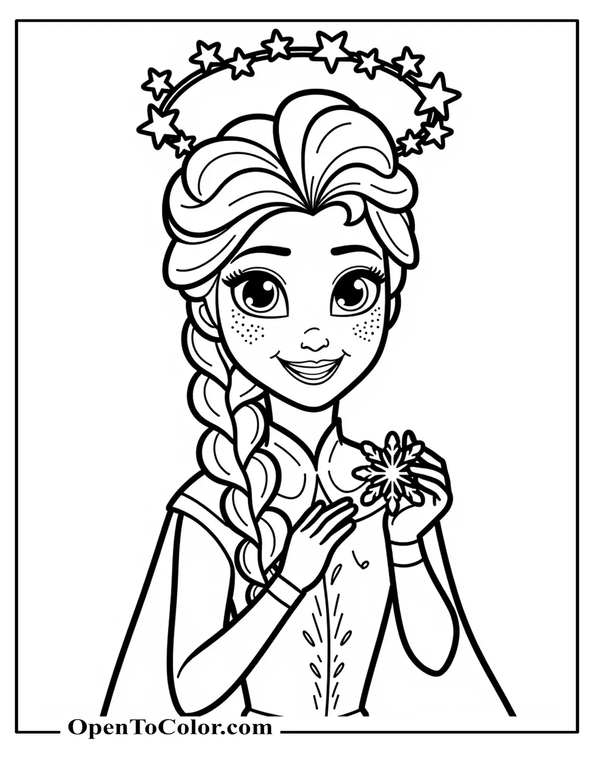 Free Coloring Sheet of Freckled Elsa Holding Snowflake, Wreath of Stars Overhead