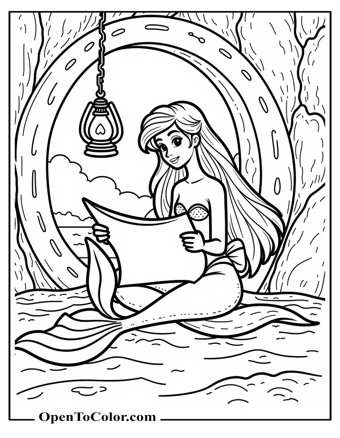 Free Coloring Page of Adventurous Ariel Reading a Treasure Map Inside a Shipwreck, Lantern Hanging Overhead
