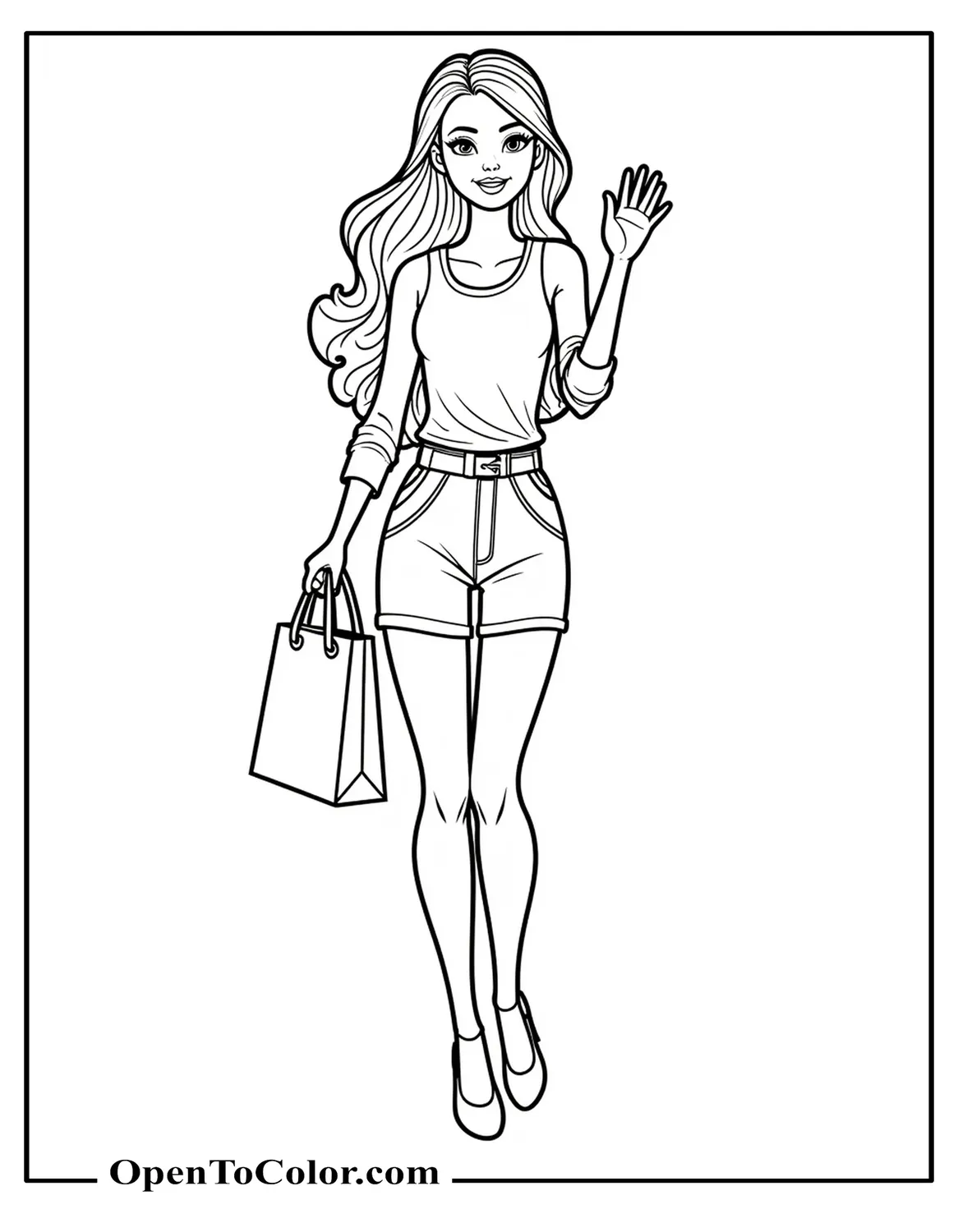 Free Barbie coloring page of Barbie waving while holding a shopping bag.