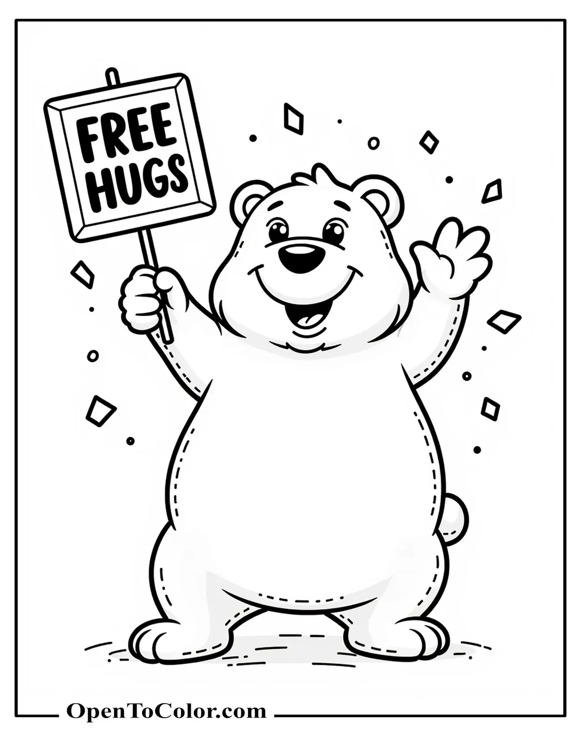 Cheerful bear coloring page PDF holding up a “Free Hugs” sign with confetti around