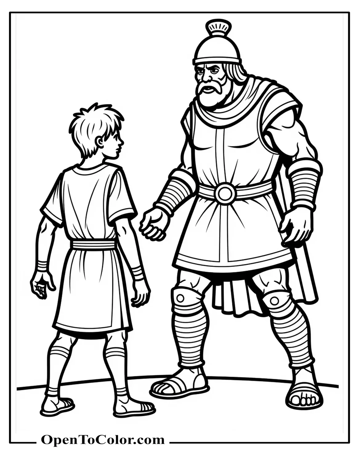 Free coloring page of David (Young Shepherd, Patched Tunic) confronting bronze-clad Goliath (Giant Warrior)